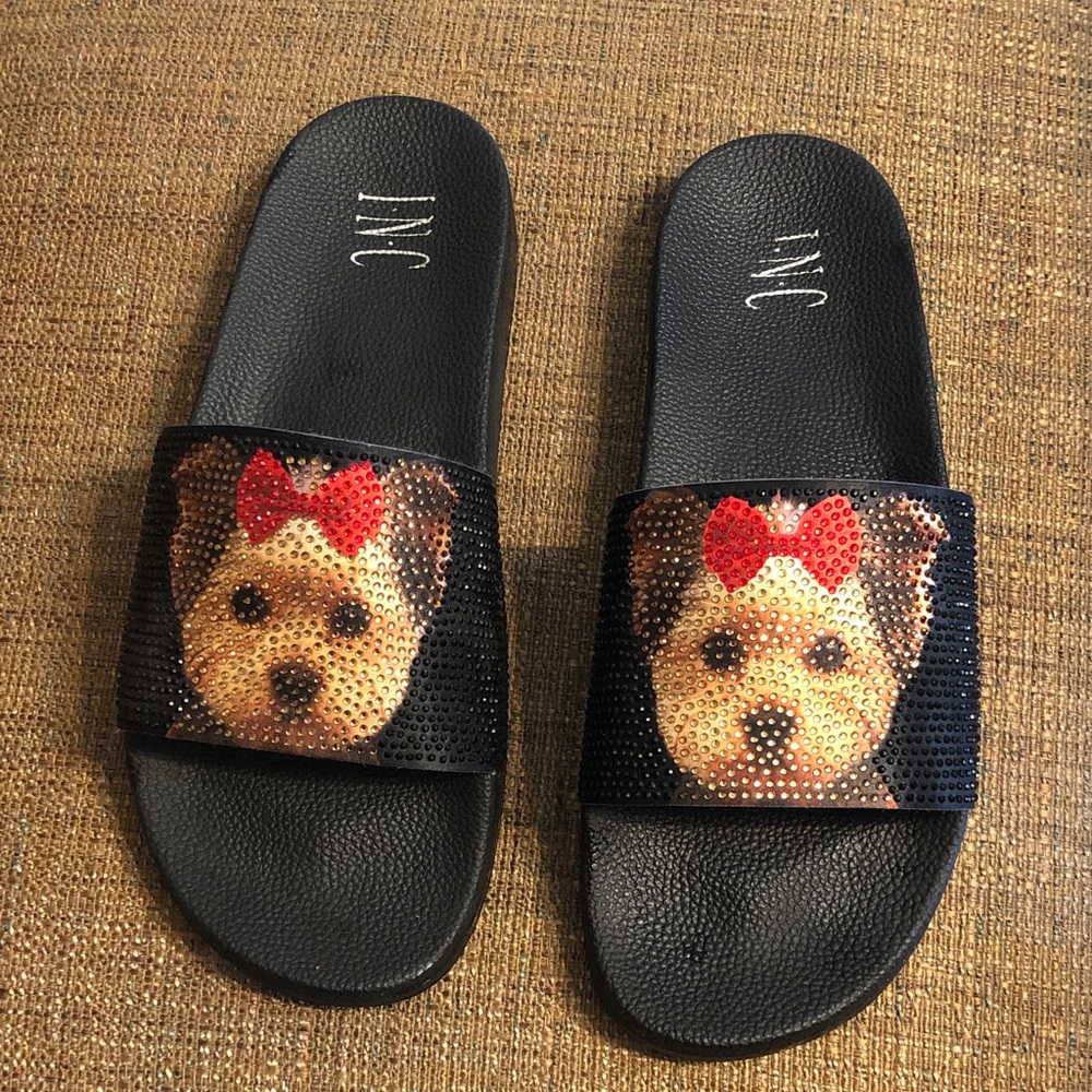 INC International Concepts Black Slide Sandals with Jeweled Dog Face and Red Bow